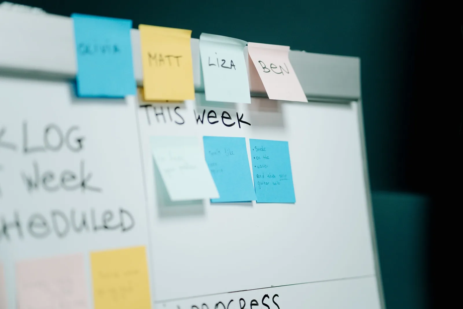 Whiteboard mit bunten Haftnotizen für die Wochenplanung