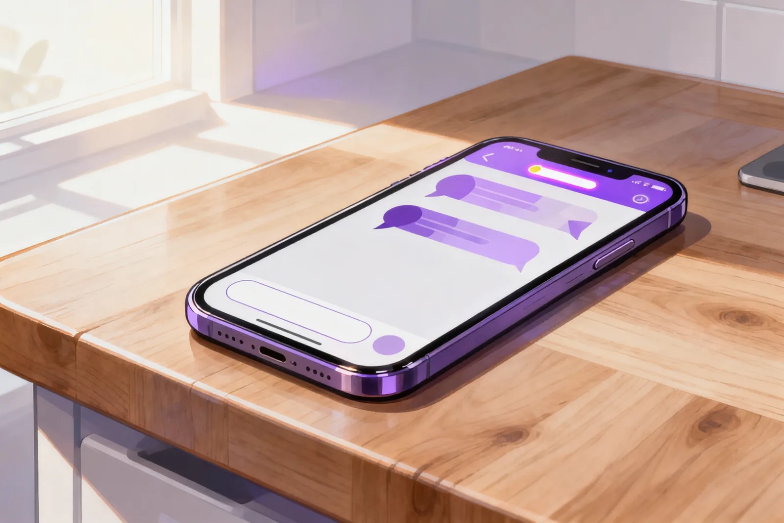 Smartphone mit Chat-Fenster, oben ein hervorgehobenes Hinweisfeld, darunter zwei Eingabefelder