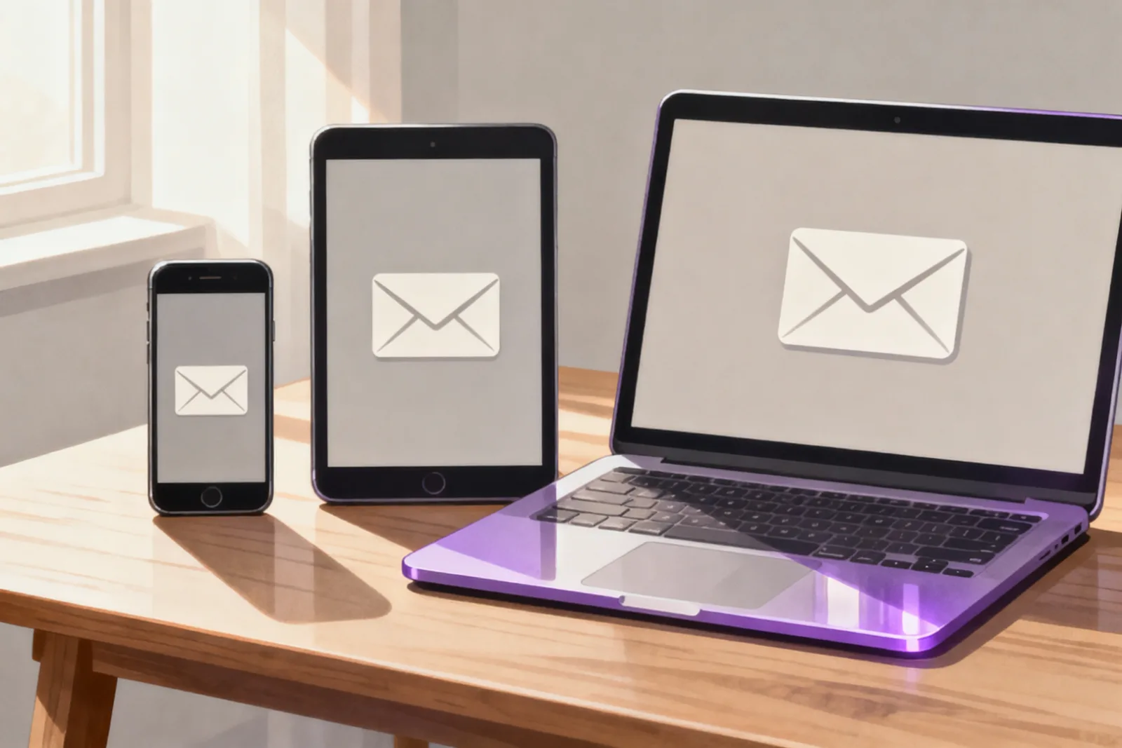 Smartphone, Tablet und Laptop mit Briefumschlag-Symbol