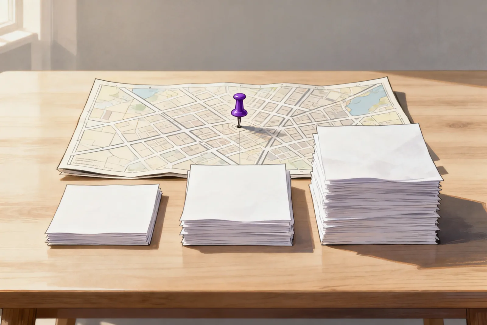 Drei wachsende Papierstapel neben einem Stadtplan mit Stecknadel