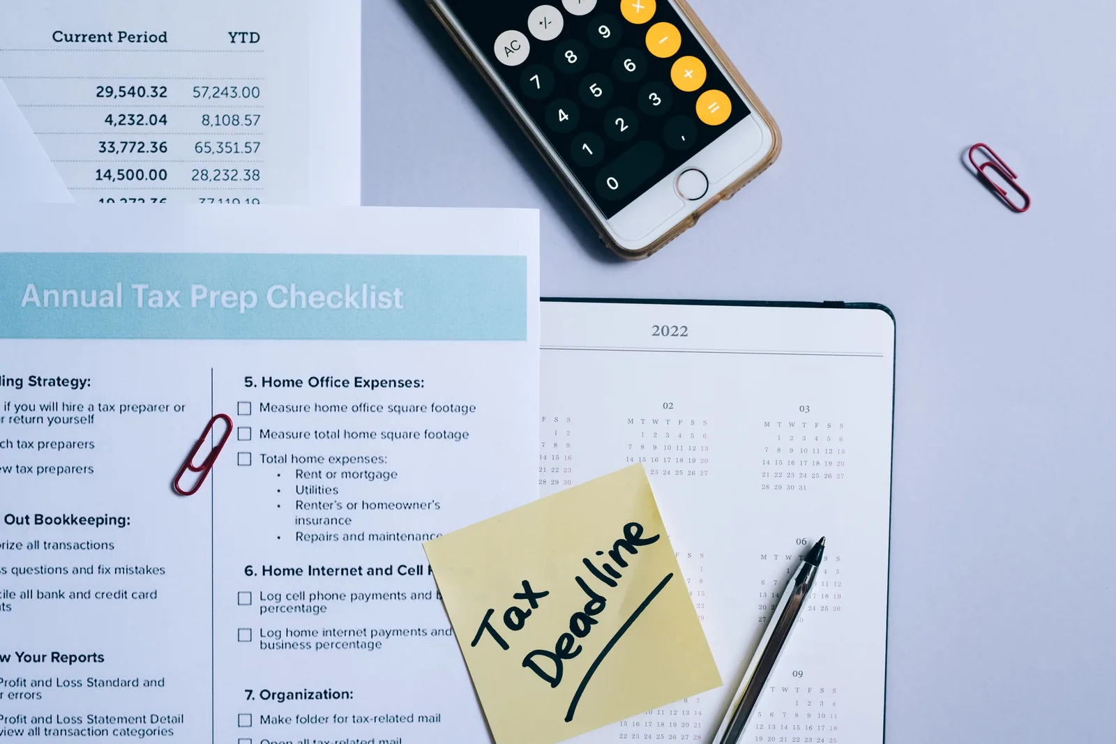 Checkliste, Kalender und Smartphone mit Taschenrechner auf einem Schreibtisch