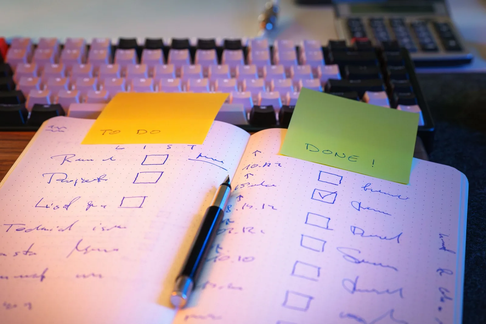 Aufgeschlagenes Notizbuch mit To-do-Liste und abgehakten Aufgaben, dahinter eine Tastatur