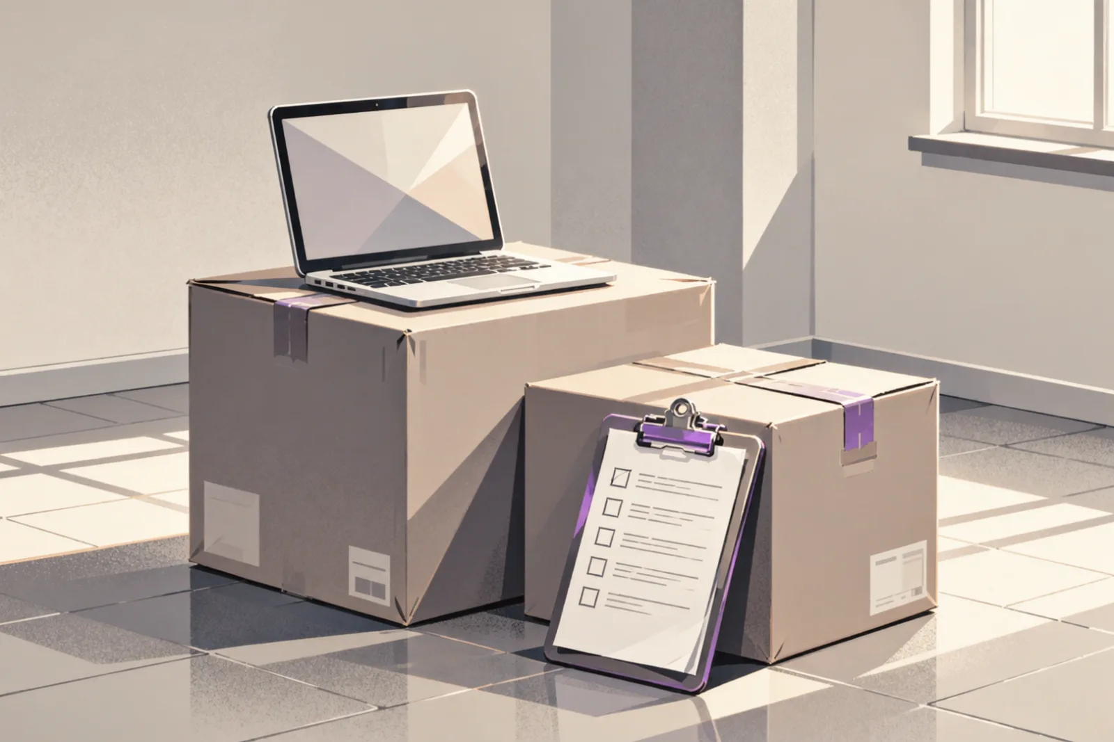 Umzugskartons, Laptop und Klemmbrett mit abgehakter Liste