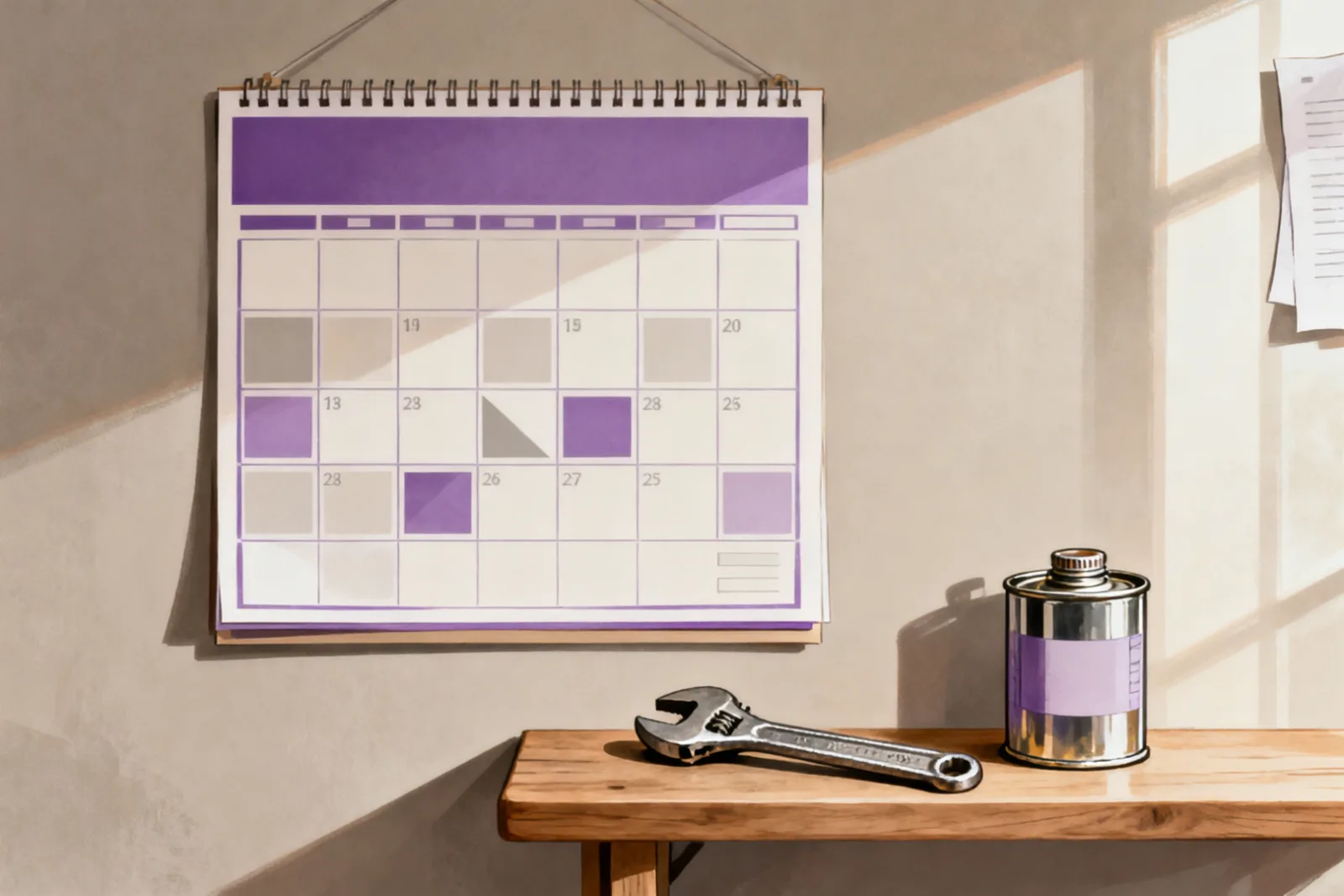 Wandkalender mit regelmäßig markierten Feldern und Werkzeug