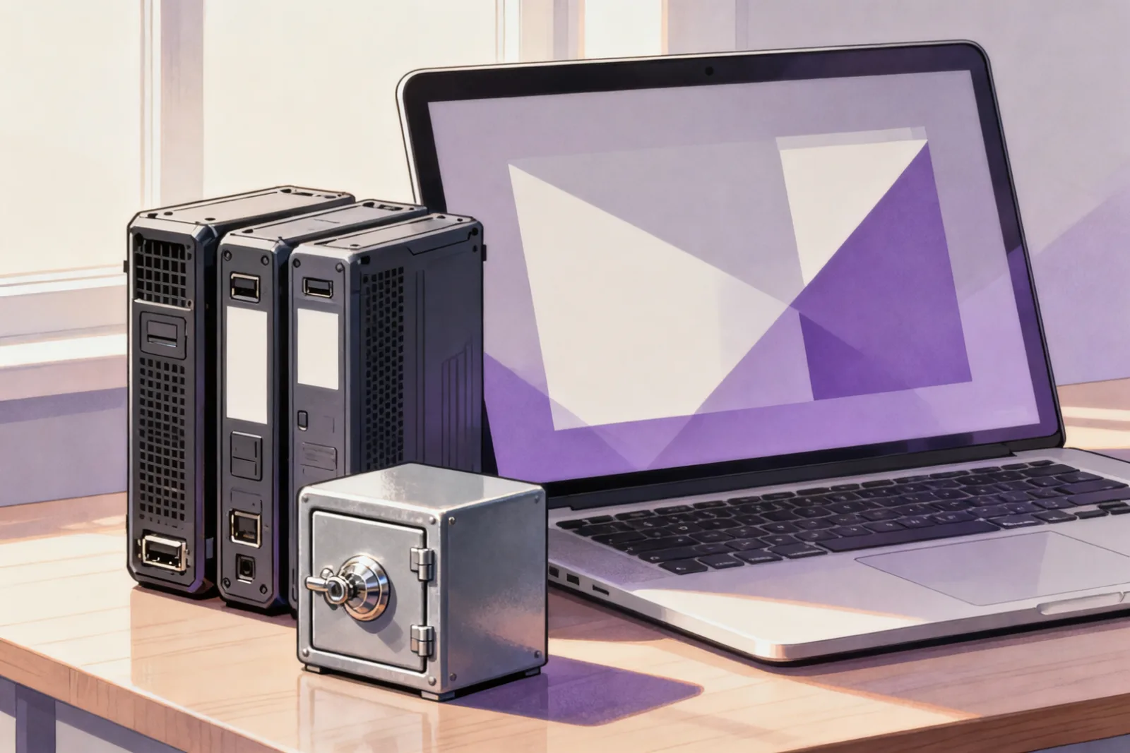 Gestapelte Festplatten und ein kleiner Tresor neben einem Laptop