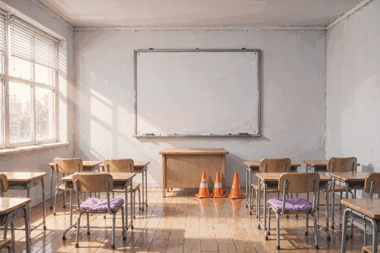 Leerer Schulungsraum mit Holzstühlen an kleinen Tischen, weißer Tafel, Lehrerpult und drei Leitkegeln im Morgenlicht