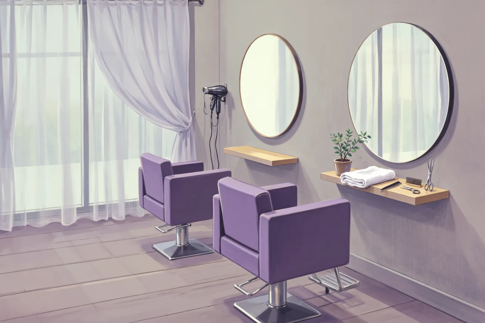 Leerer Friseursalon mit zwei violetten Frisierstühlen vor runden Spiegeln, Ablage mit Handtuch, Kamm und Schere