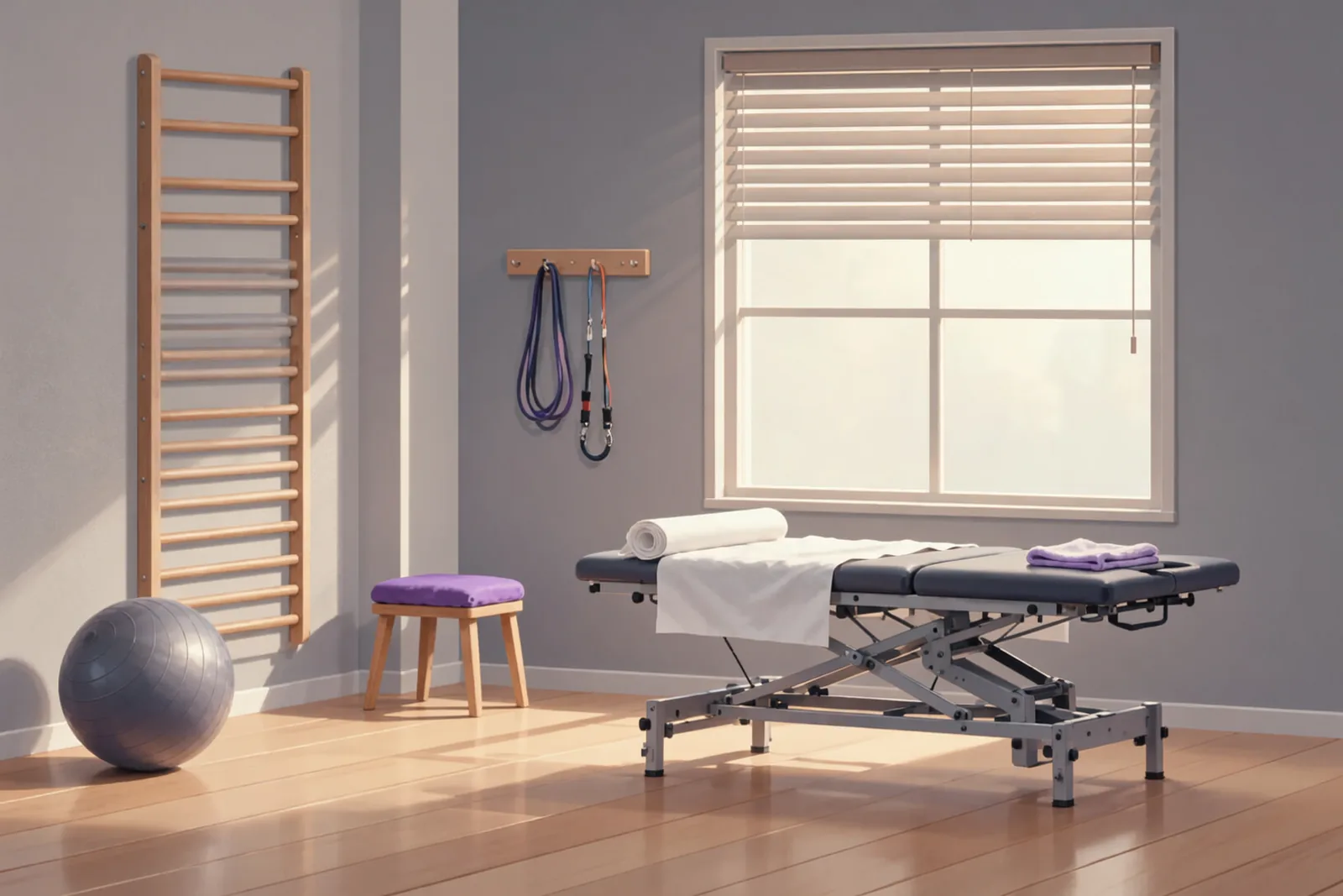 Leerer Therapieraum mit Behandlungsliege, Sprossenwand, Gymnastikball, Hocker und Übungsbändern an der Wand