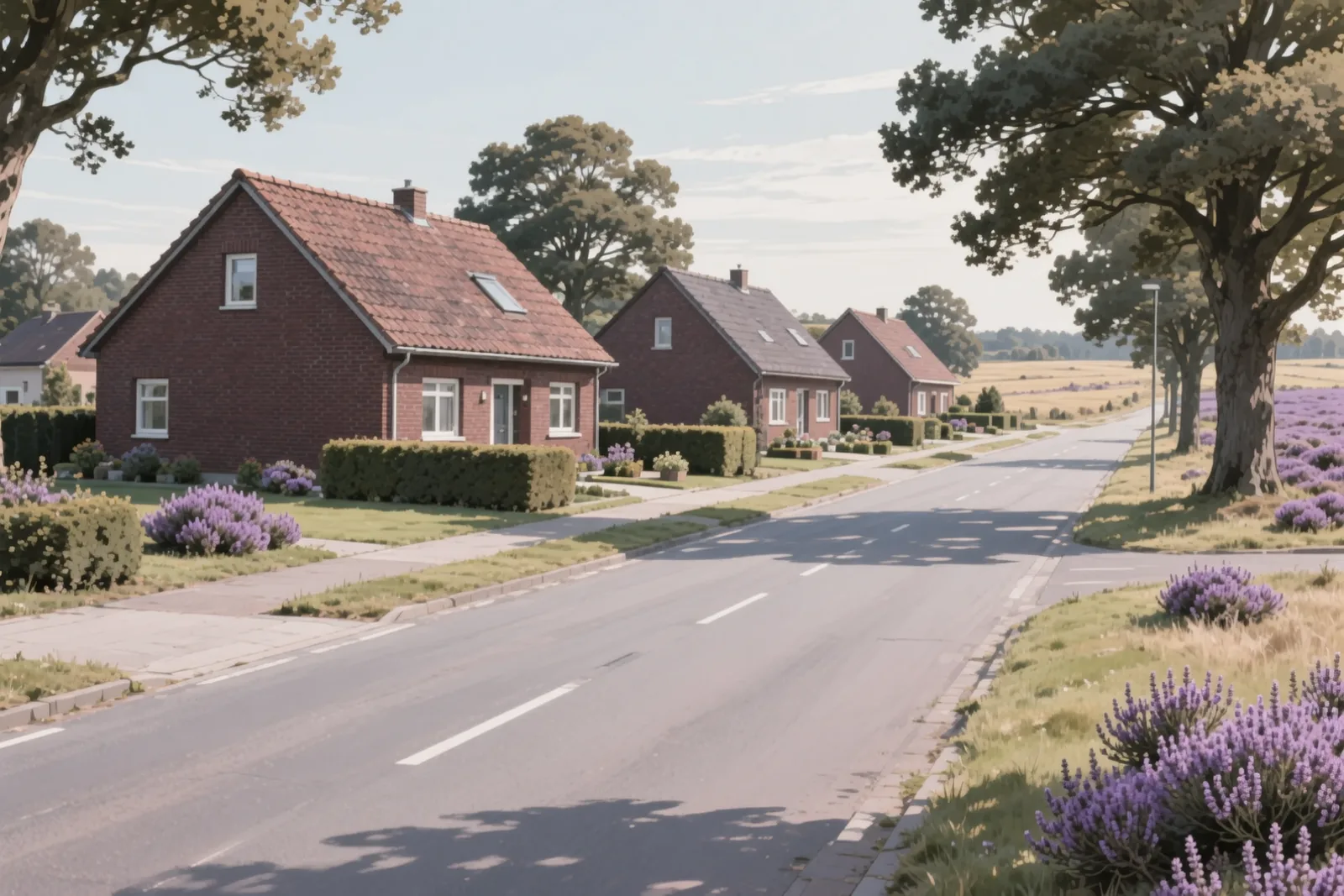 Ortsrand mit frei stehenden Backsteinhäusern hinter Hecken, breiter Straße, alten Eichen und blühender Heide am Wegrand