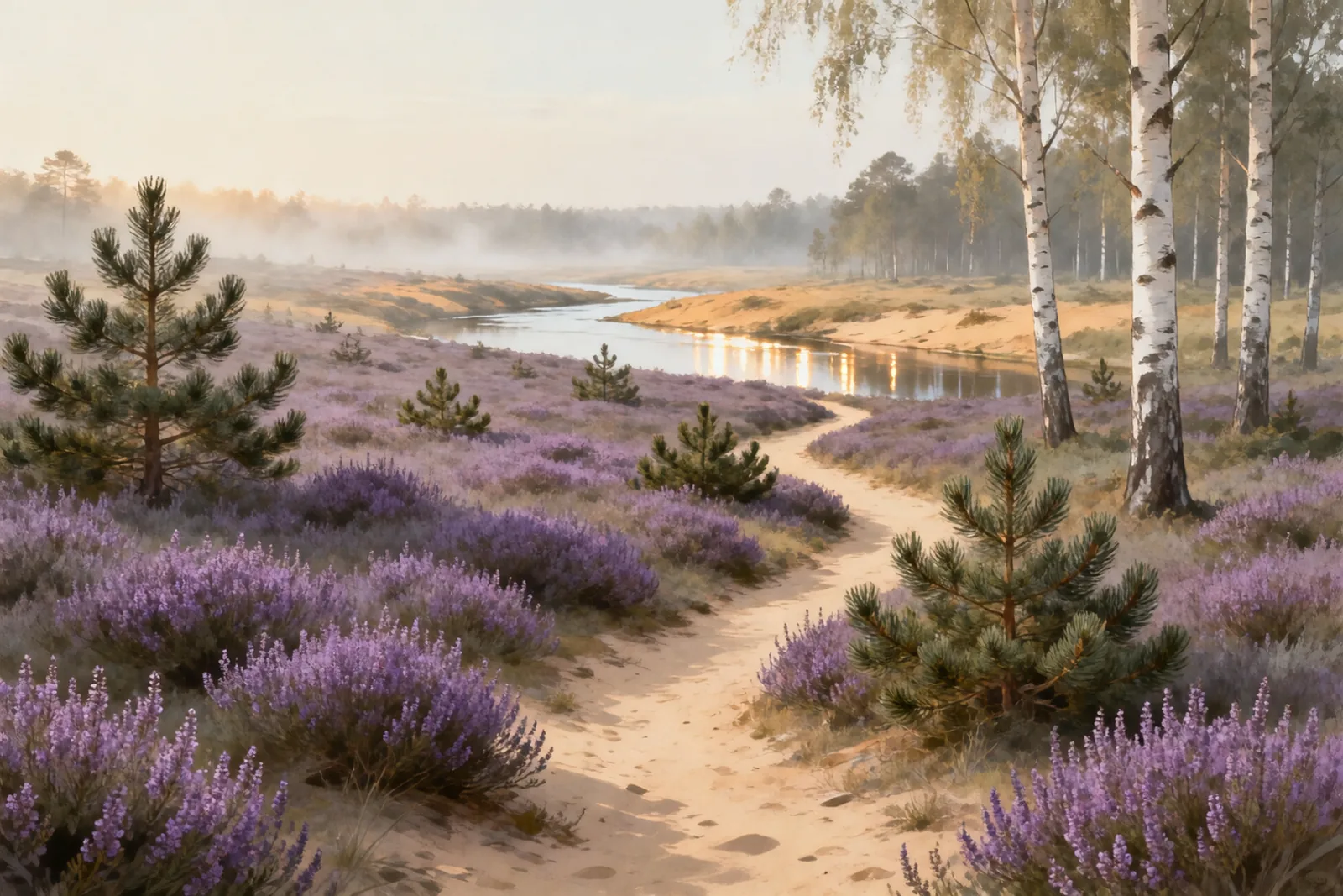 Heidelandschaft mit blühender Heide, Sandweg, Birken, jungen Kiefern und einem kleinen Fluss im Morgenlicht
