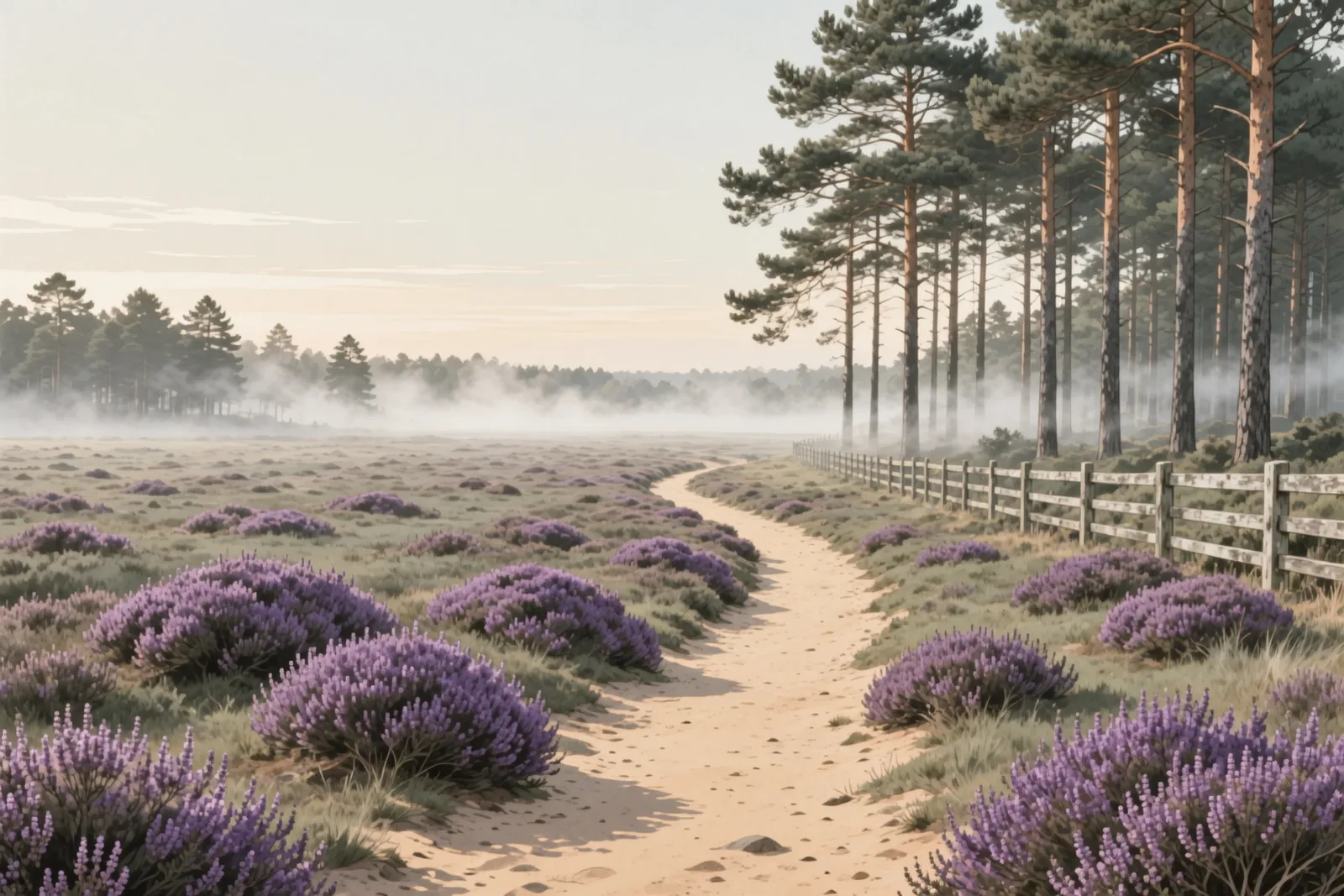 Weite Heidefläche mit Sandweg, Holzzaun und hohen Kiefern am Rand, dazwischen Morgennebel