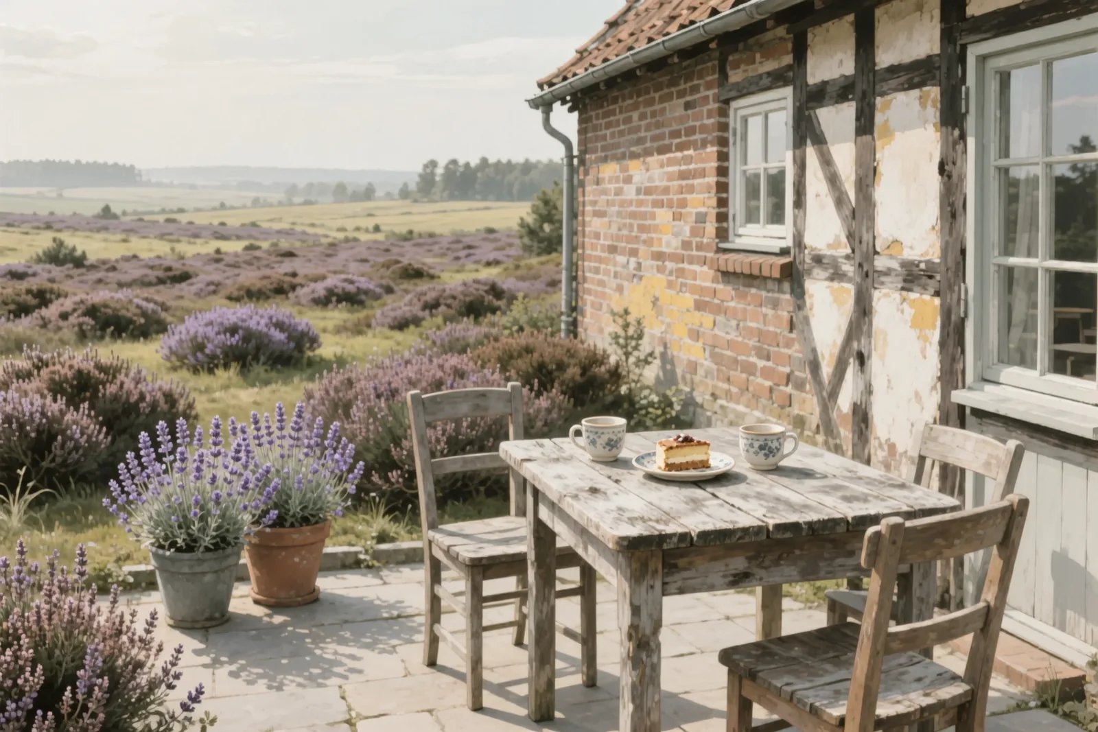 Terrasse an einem Backstein-Fachwerkhaus mit Holztisch, zwei Tassen, Kuchen und Lavendel, dahinter blühende Heide