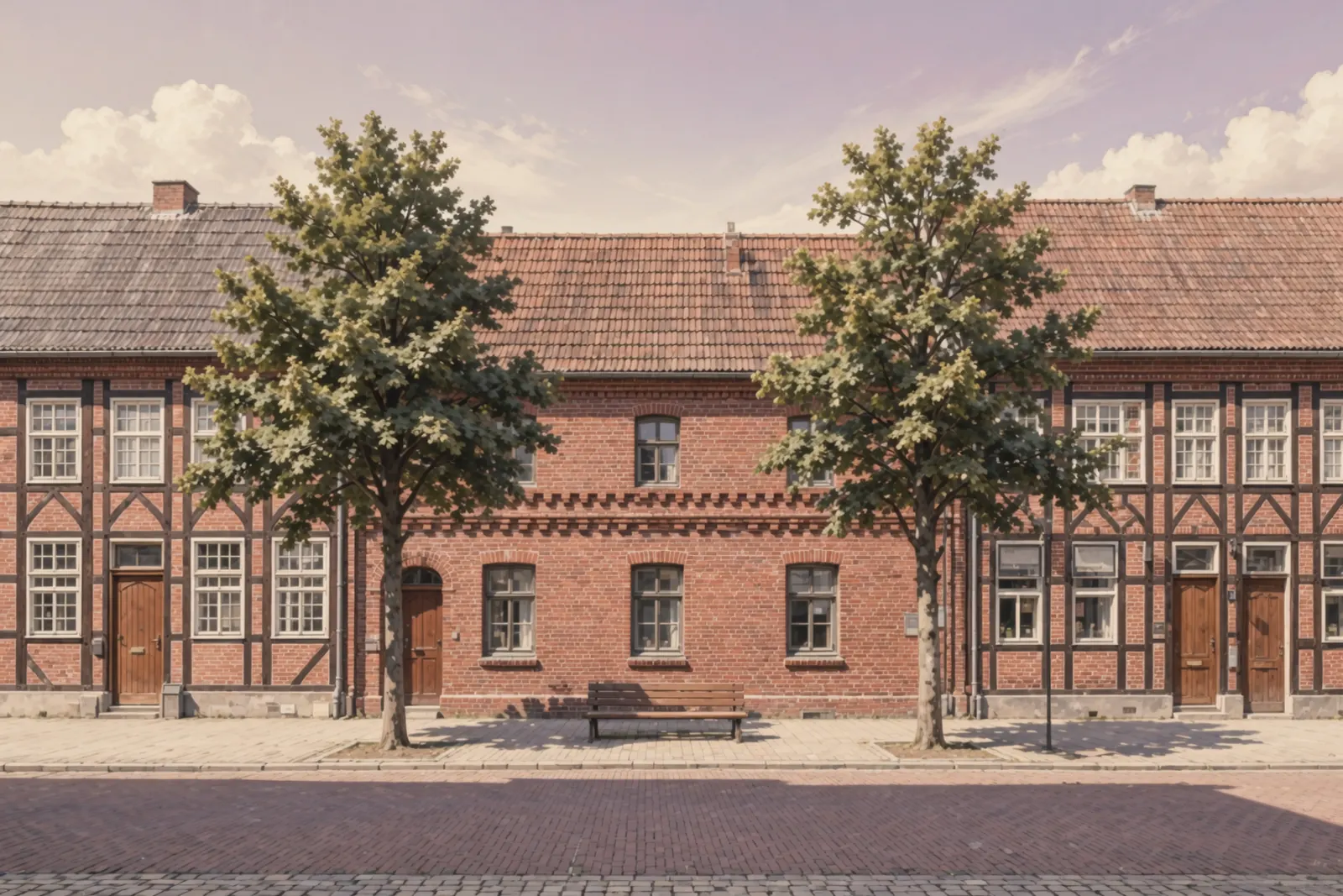 Breite gepflasterte Straße vor einem Backsteinhaus zwischen zwei Fachwerkhäusern, davor zwei Bäume und eine Holzbank