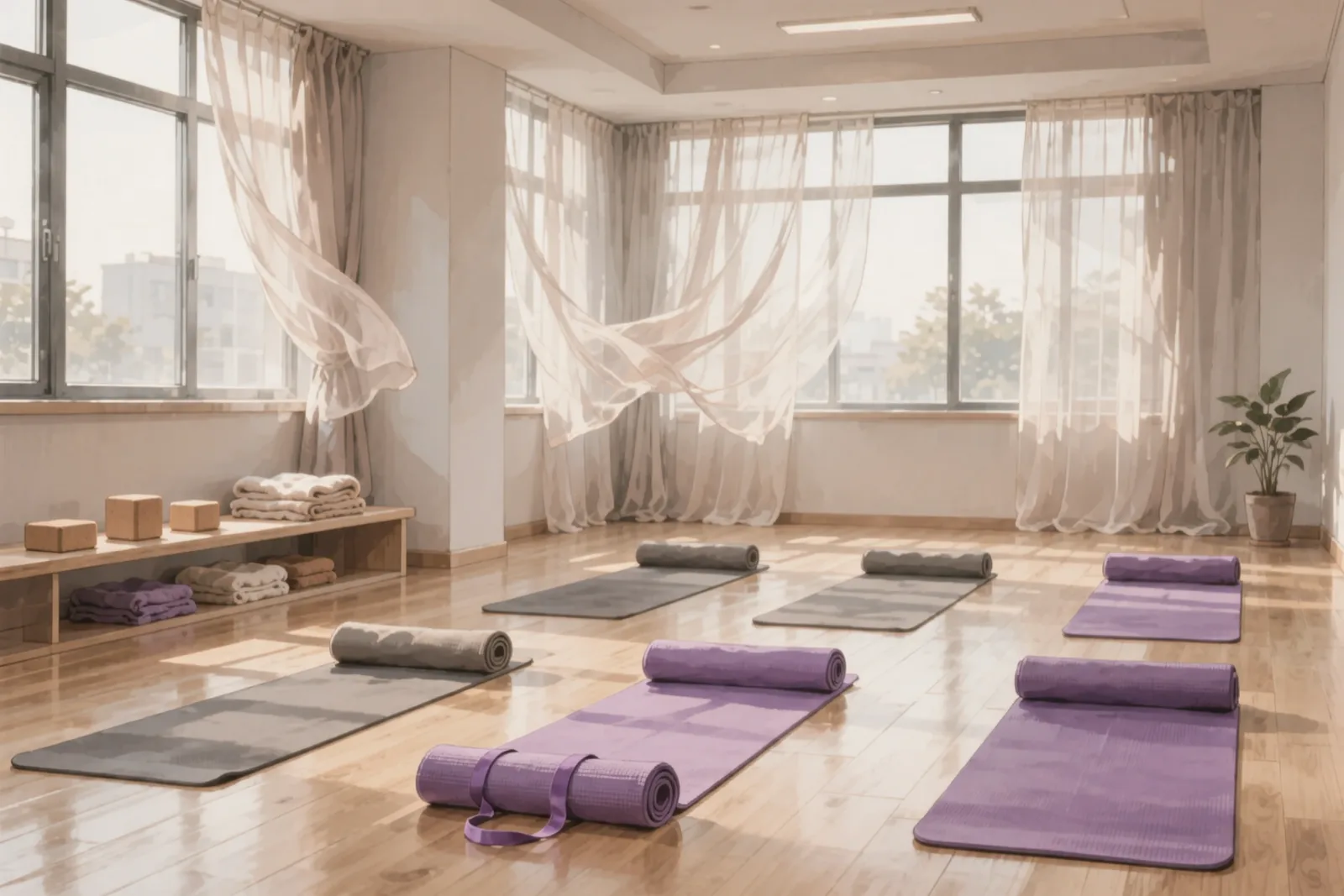 Leerer Yogaraum mit Holzboden, ausgerollten Matten in Grau und Violett, Korkblöcken im Regal und hellen Vorhängen