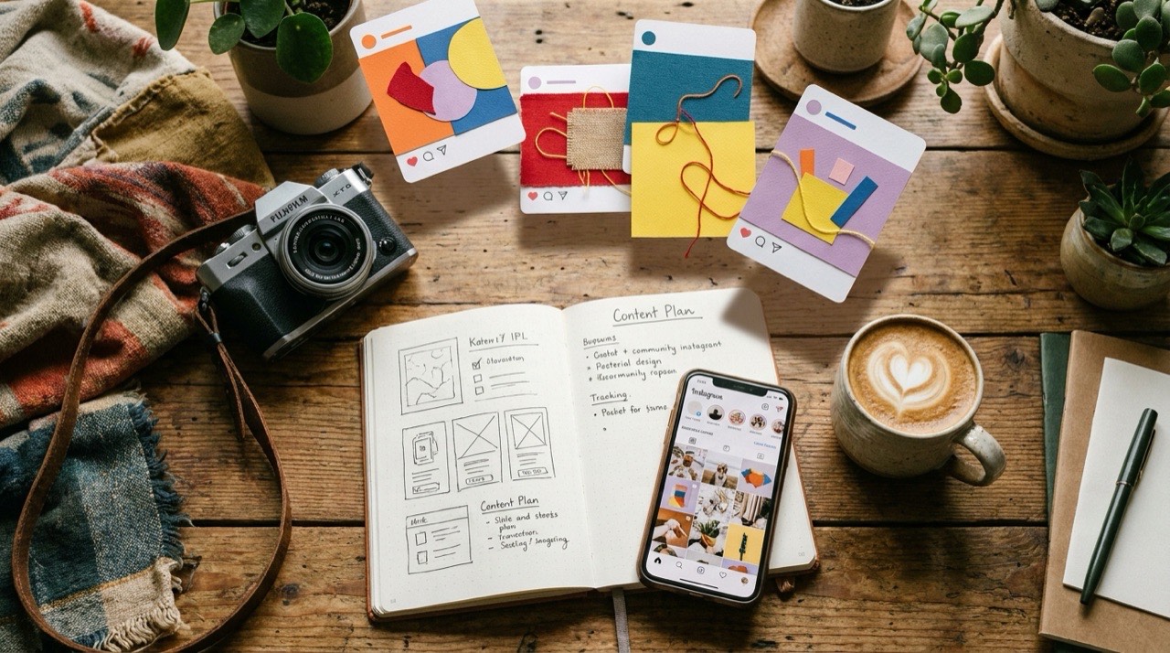Schreibtisch-Flat-Lay einer Content-Creatorin