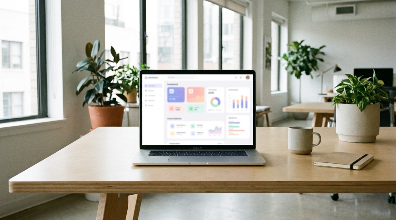 Laptop mit abstraktem Produkt-Dashboard