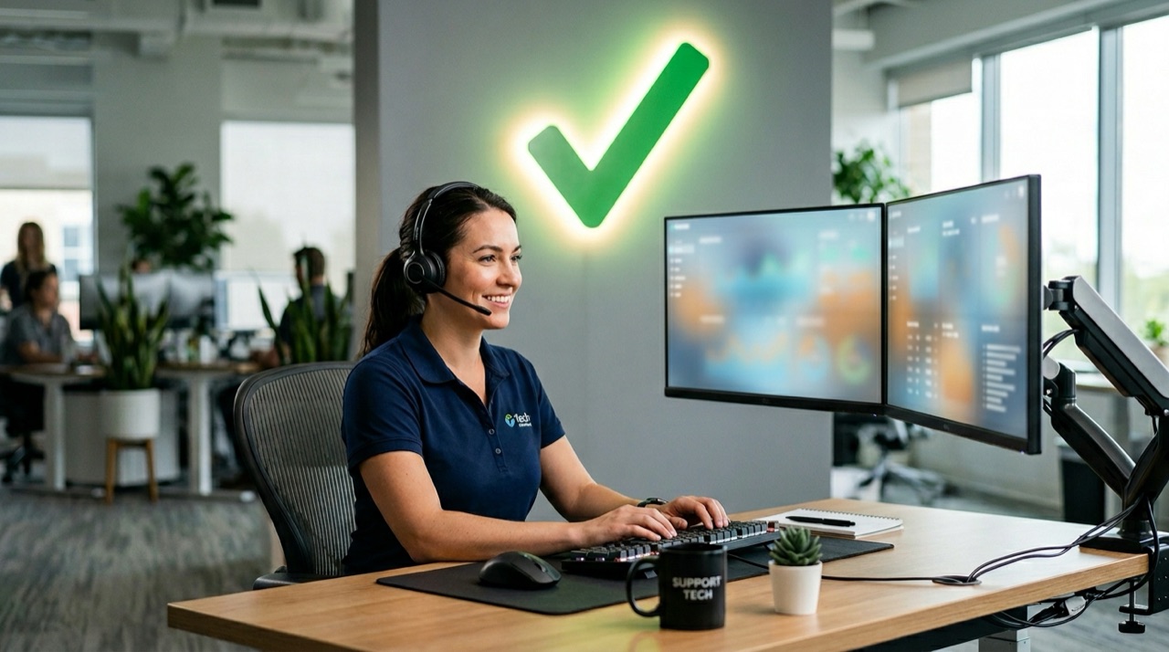 Support-Engineer an einem aufgeräumten Helpdesk