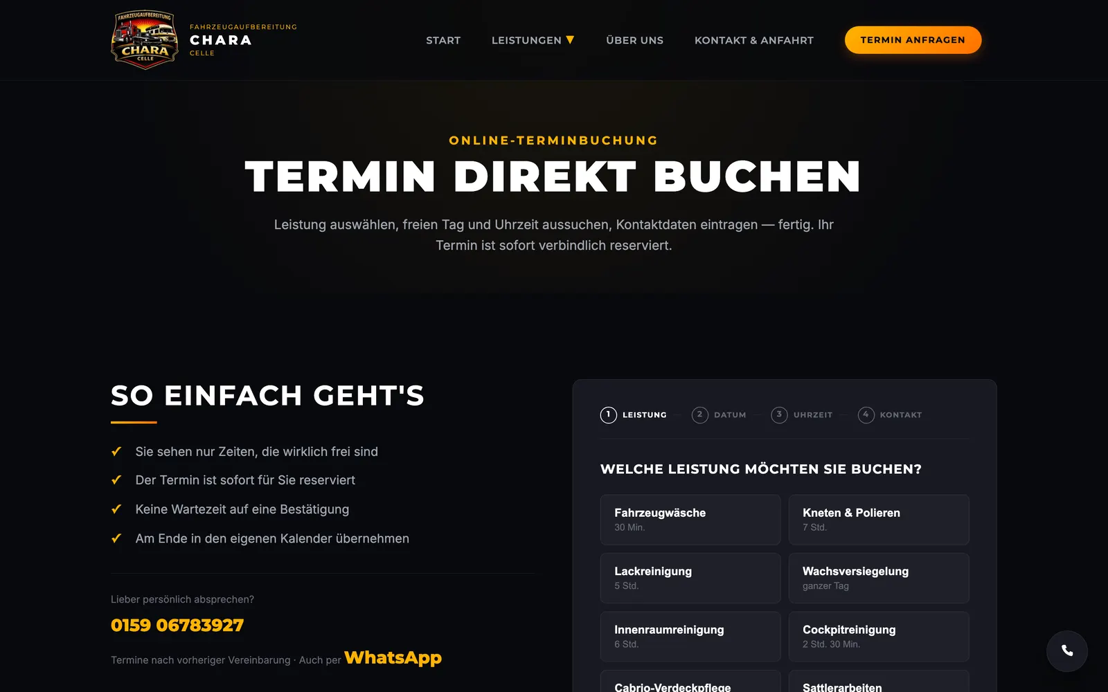 Online-Terminbuchung auf der Website von Fahrzeugpflege Celle